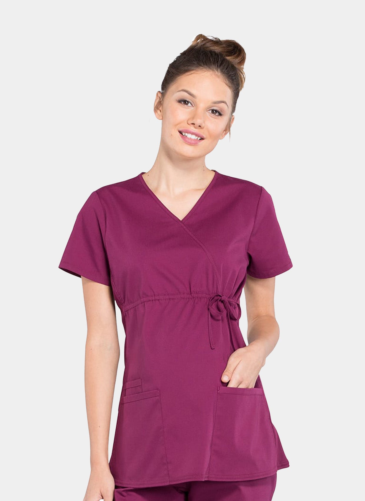 Cherokee Maternity Mock Wrap Scrub Top - Wine