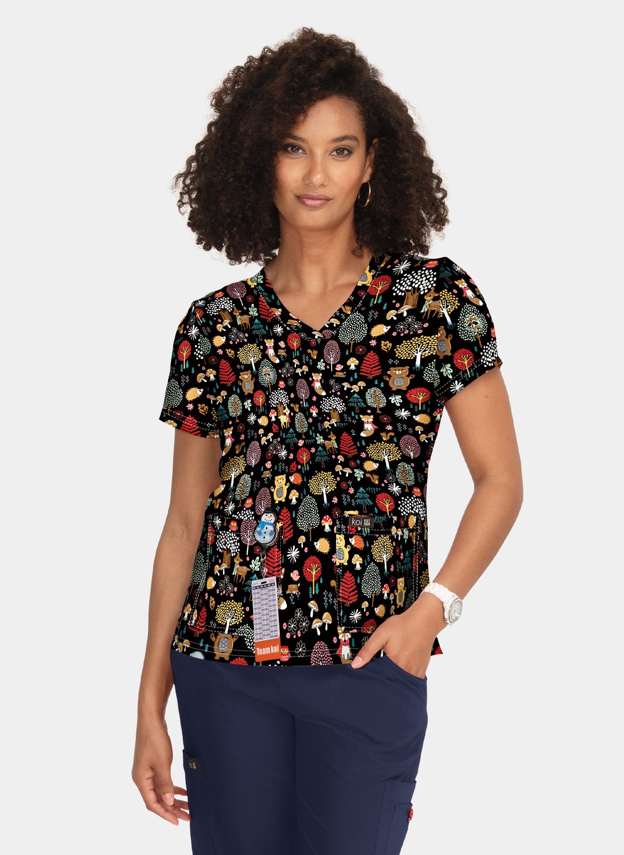 Koi Basics Leslie Scrub Top - Woodland Creatures