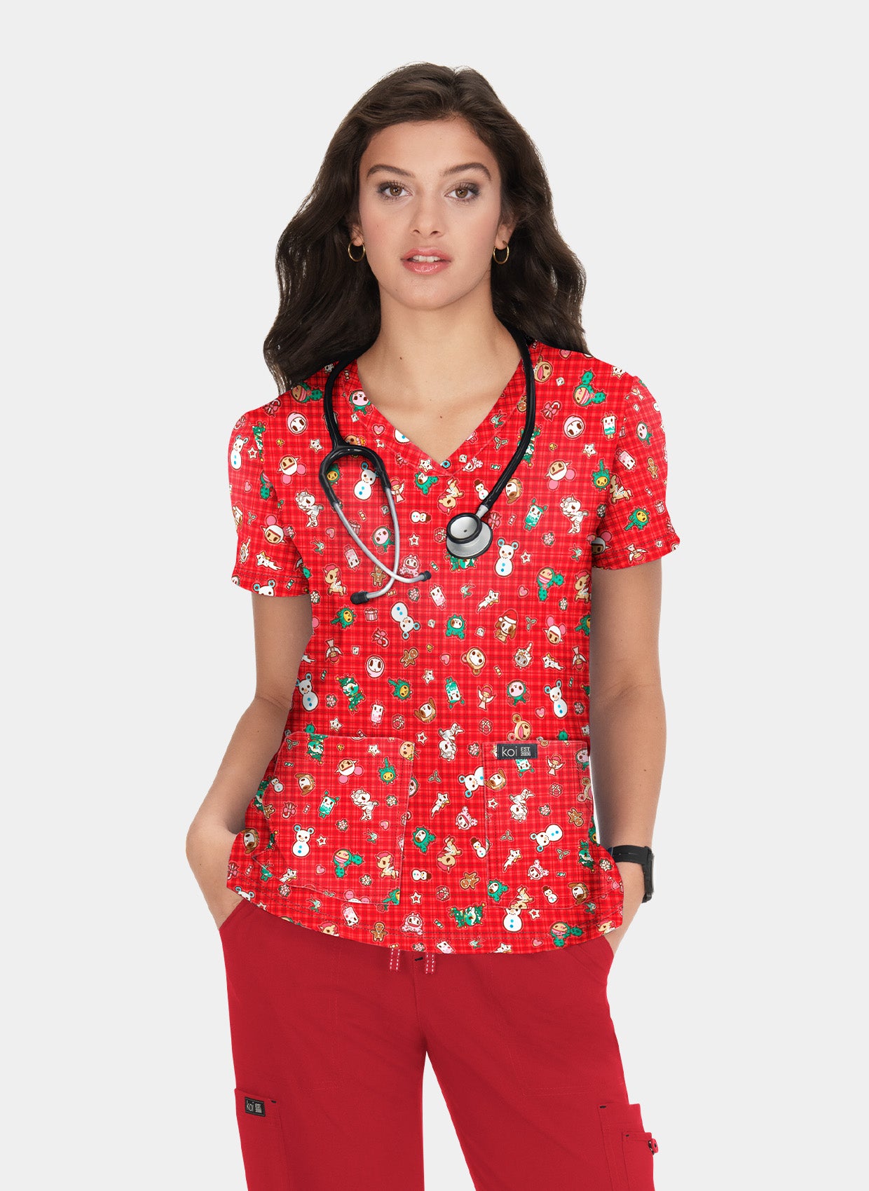 Koi Basics Leslie Scrub Top - Holiday Flannel